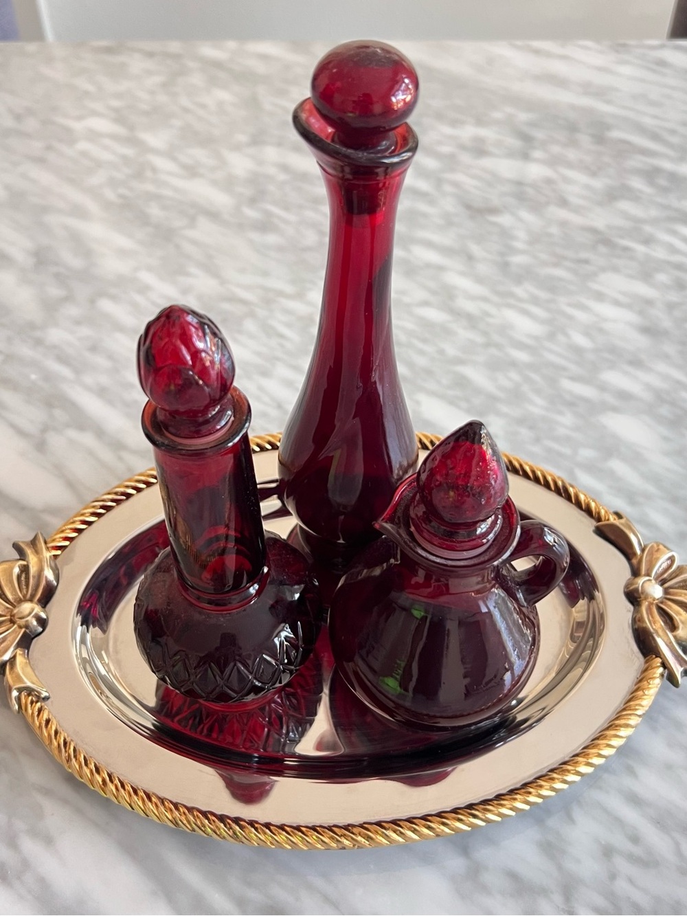 Vintage AVON Ruby Red Glass Decanter Trio - Picture 2 of 2